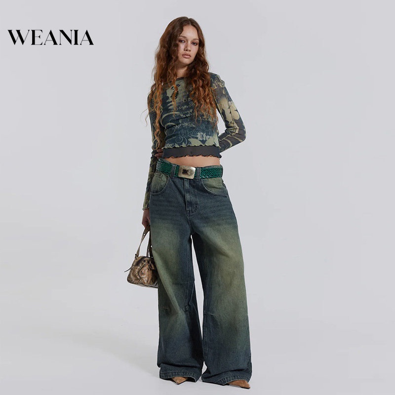 Weania Quần Jean Ống Rộng Lưng Vừa Màu Sắc Gradient Phong Cách Retro Dành Cho Nữ