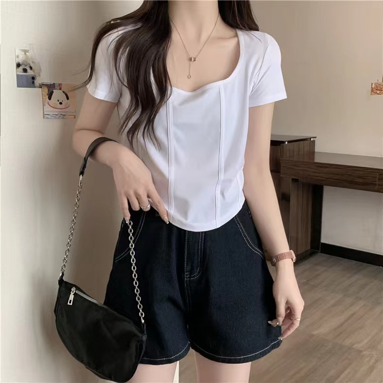 Áo Thun Ngắn Tay Cổ Vuông Dáng Ôm Thời Trang Mùa Hè Dành Cho Nữ