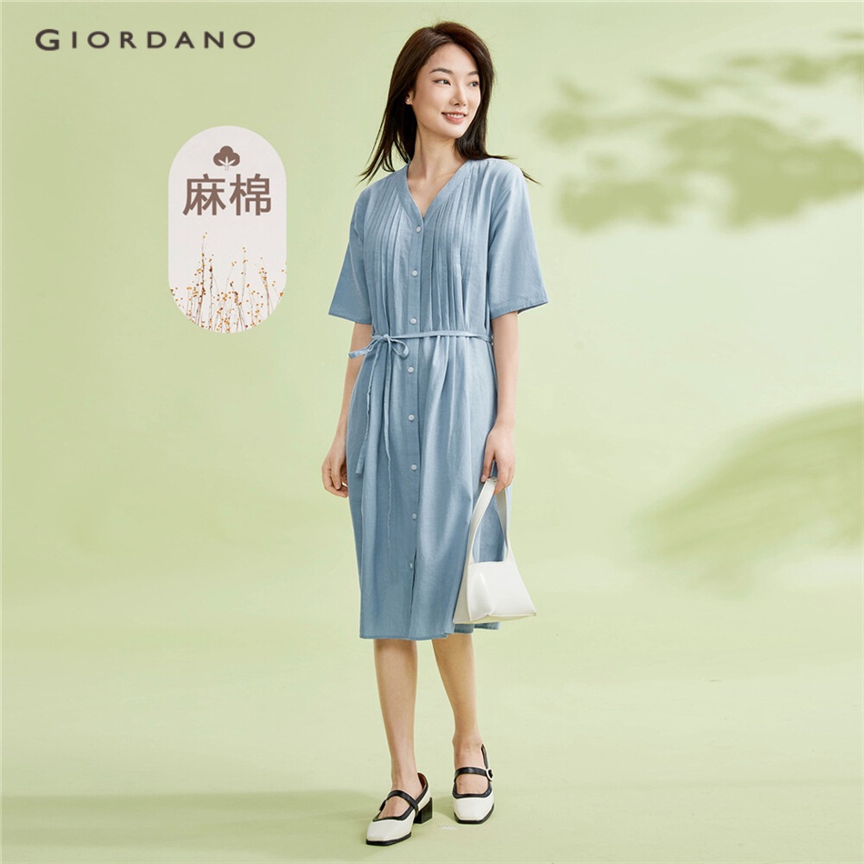GIORDANO WOMEN Linen cotton v-neck tie waist short sleeve dress 05463324