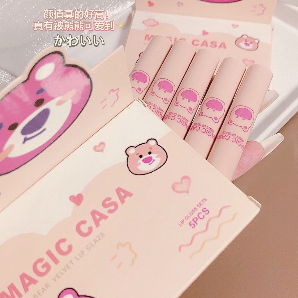 Set 5 Son Kem Lì Không Màu Thiết Kế Vỏ Hình Gấu Dâu Tây Xinh Xắn