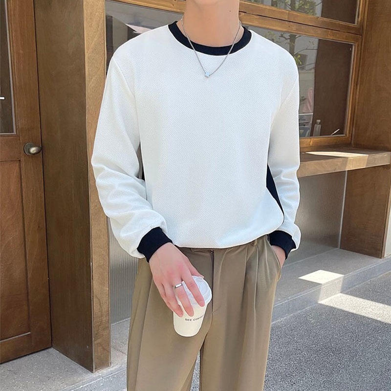 INCERUN Áo Thun Tay Dài Cổ Tròn Phối Màu Tương Phản Thời Trang Cá Tính Cho Nam