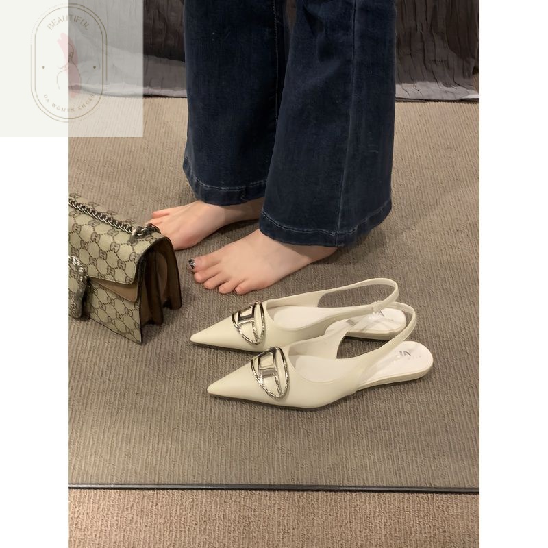 Giày Sandal Mũi Nhọn Đế Bằng Mềm Mại Phối Khóa Kim Loại Thời Trang Xuân Thu 2023 Cho Nữ