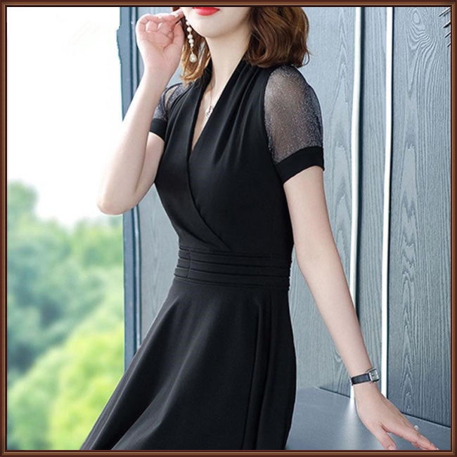 Đầm Dáng Chữ A Tay Ngắn Cổ Chữ V Màu Trơn Thời Trang Dành Cho Nữ