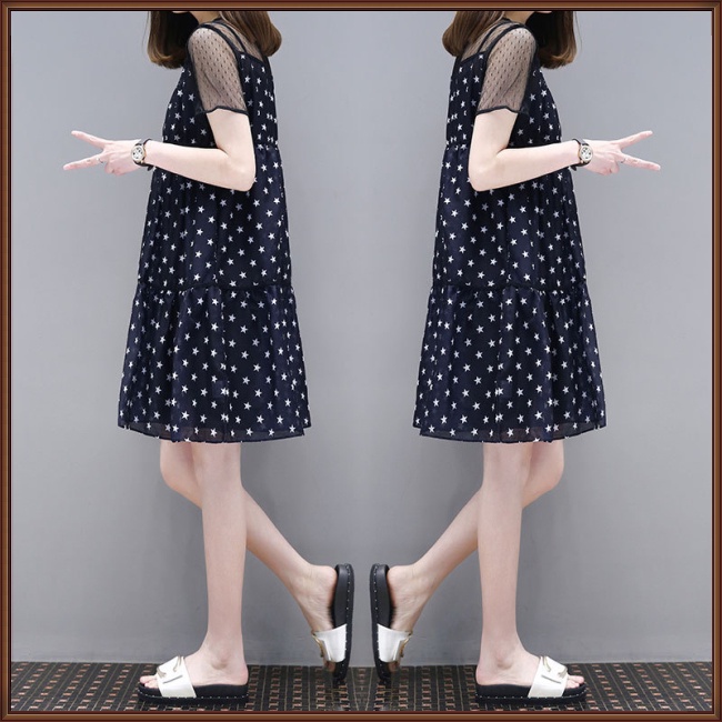 Đầm Tay Ngắn Cổ Tròn Họa Tiết Chấm Bi Dáng Rộng Thời Trang Mùa Hè Tinh Tế Cho Nữ