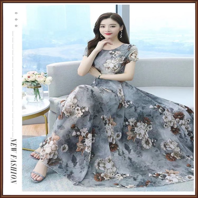 Đầm Tay Ngắn Cổ Tròn Lưng Cao In Họa Tiết Hoa Xinh Xắn Thời Trang Cho Nữ