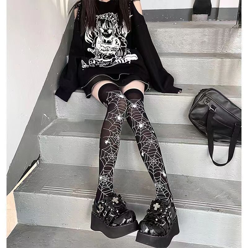 Vớ Dài Hình Đầu Lâu / Dơi / Mạng Nhện Màu Đen Phong Cách Gothic Punk Nhật Bản Dễ Thương Cho Nữ