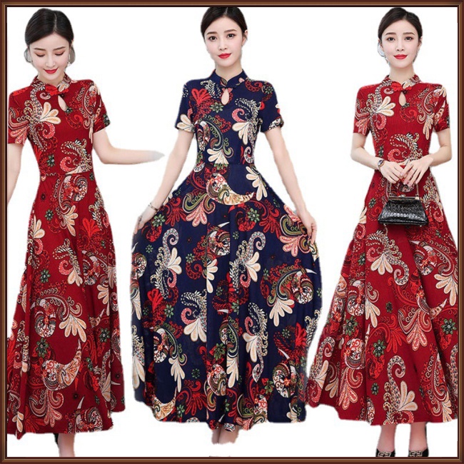 Đầm Sườn Xám Cách Tân Cổ Đứng Tay Ngắn In Họa Tiết Thổ Cẩm Kiểu Retro Xinh Xắn Cho Nữ