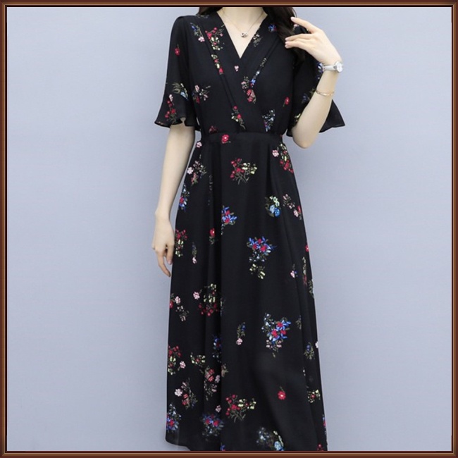 Đầm Chiffon Dài Đến Đầu Gối Tay Ngắn in Họa Tiết Hoa Thời Trang Mùa Hè Cho Nữ