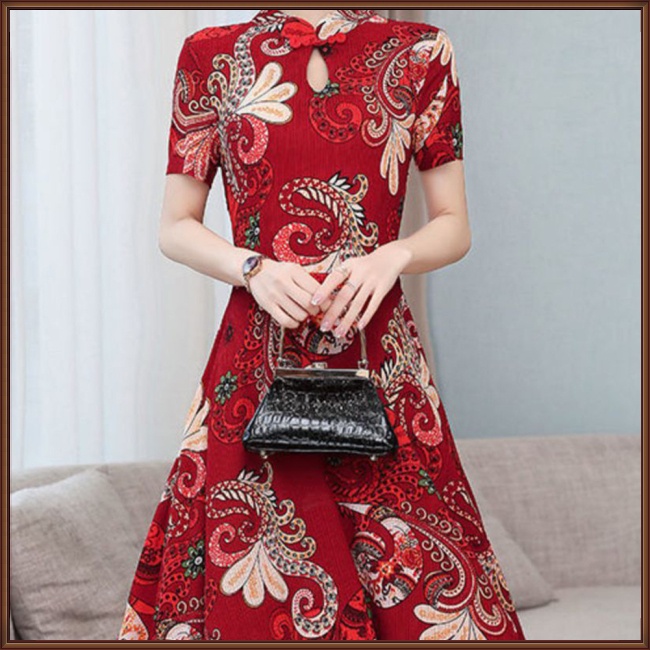 Đầm Xòe Dài Tay Ngắn Cổ Đứng In Họa Tiết Cổ Điển Dành Cho Nữ