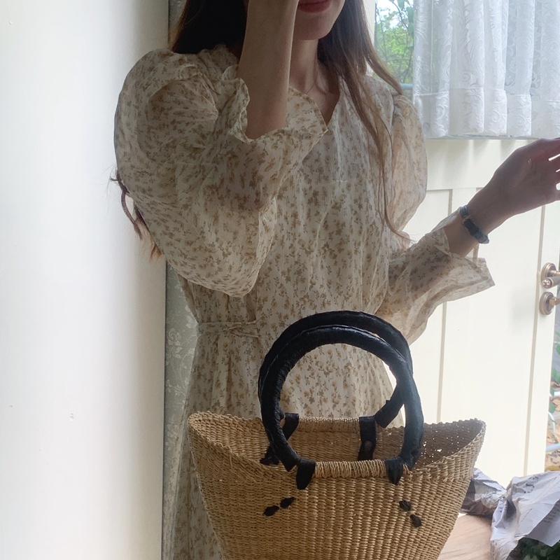 Đầm hoa SUXI tay phồng dài dáng chữ A cột dây cổ chữ V thời trang xinh xắn cho nữ