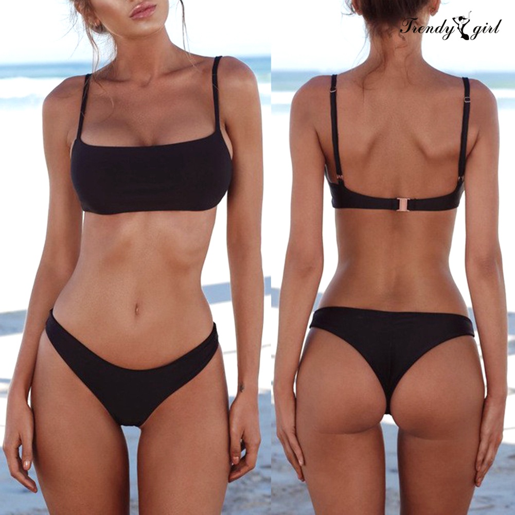 Bộ Đồ Bơi Bikini Lưng Cao Có Đệm Ngực Màu Trơn td.f Dành Cho Nữ