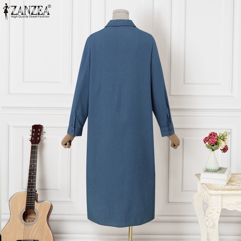 Zanzea Áo Sơ Mi Denim Dài Tay Kèm Đầm Phối Túi Thời Trang Dành Cho Nữ