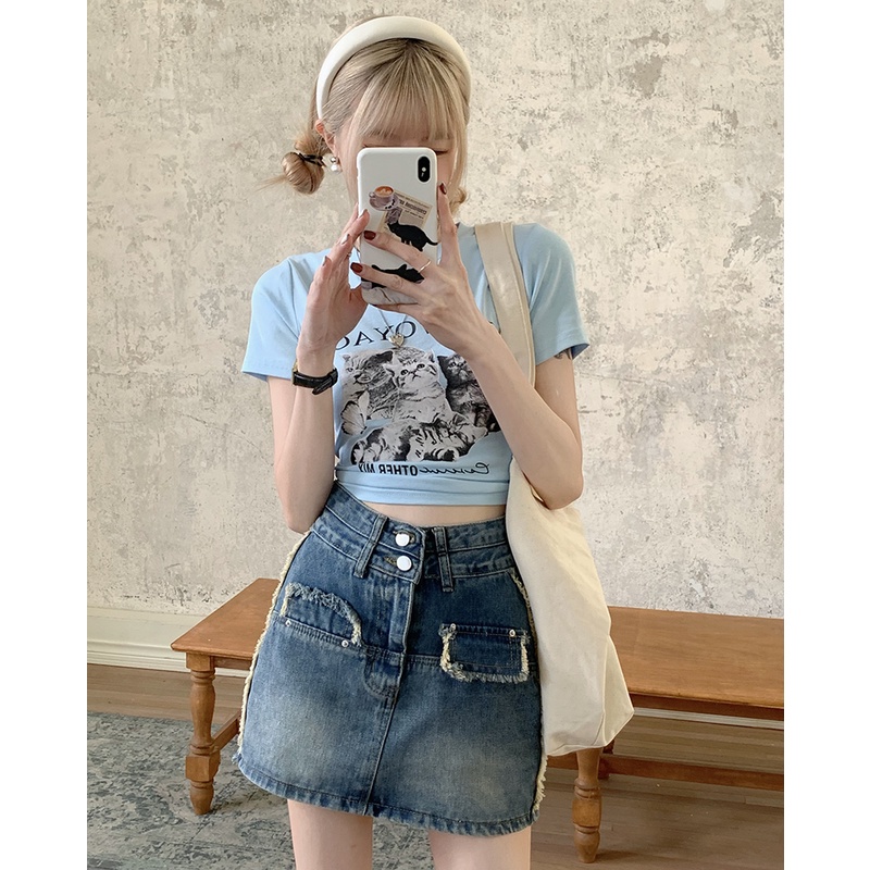 Chân váy jean Lưng Cao Dáng Chữ A Phối Lông Thời Trang Mùa Hè Hàn Quốc Cho
