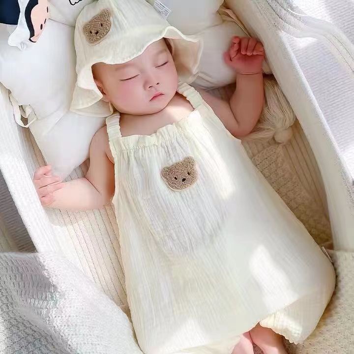 Áo Liền Quần + Nón Bằng Cotton Nguyên Chất Thời Trang Mùa Hè Phong Cách Hàn Quốc Cho Bé Sơ Sinh 0-18 Tháng Tuổi