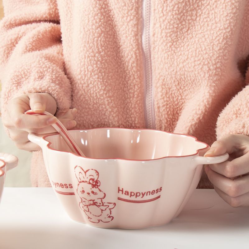 Bộ Bát Ăn Súp Bằng Sứ Cỡ Lớn Hình Bí Ngô Tai Đôi Có Giá Đỡ Và Muỗng