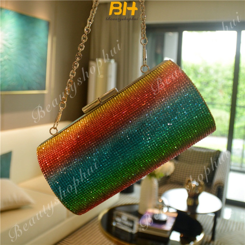 Túi Xách Đeo Vai Hình Trụ Đính Kim Cương Giả Màu Cầu Vồng Mới Cho Nữ