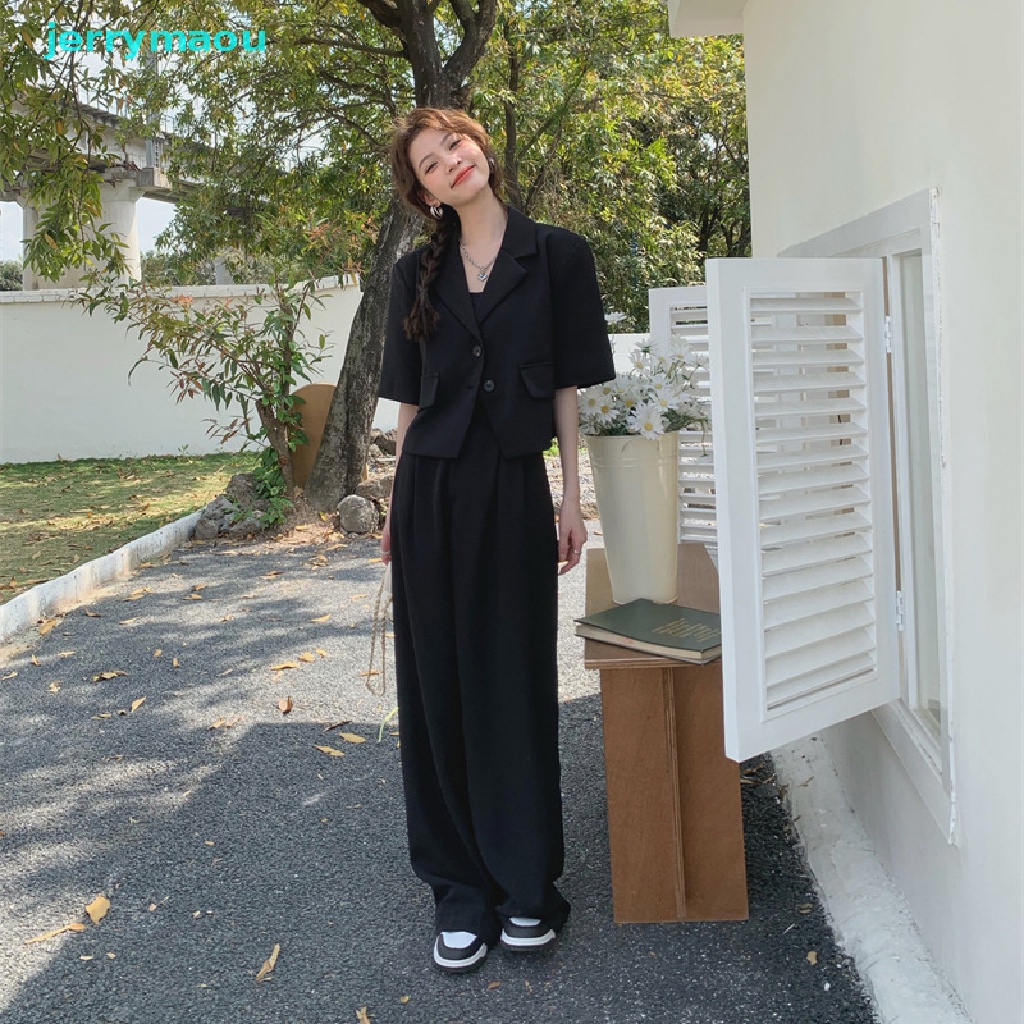 [JER] Áo Khoác Crop Top Tay Ngắn Cổ Bẻ Cài Nút Thời Trang Công Sở Xuân Hè 2023 Y2K Đơn Giản Dành Cho Bạn Nữ