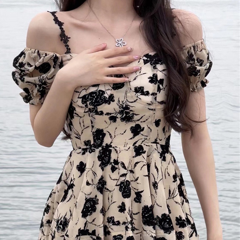 IELGY  Đầm Hai Dây Họa Tiết Hoa Phong Cách Lười Cao Cấp Dành Cho Nữ