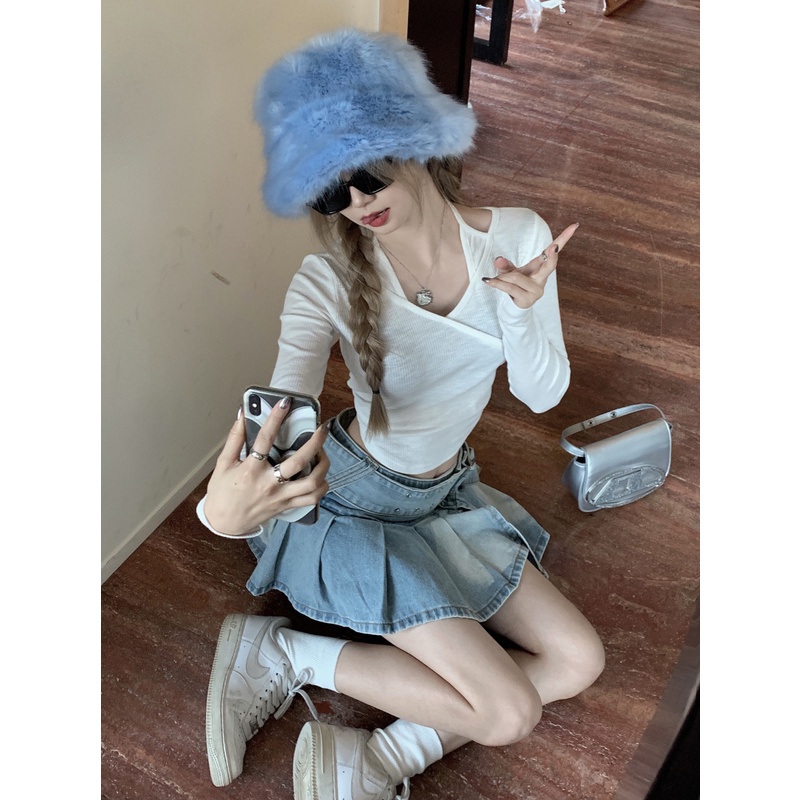 Chân Váy Denim Dáng Chữ A Lưng Cao Thiết Kế Xếp Ly Thời Trang Quyến Rũ