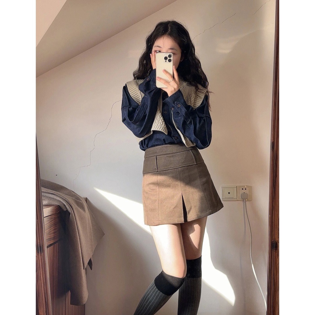 Set Áo Khoác Cardigan Không Tay + Áo Sơ Mi Denim Dài Tay + Chân Váy Chữ a Phong Cách Ngọt Ngào Cho Nữ