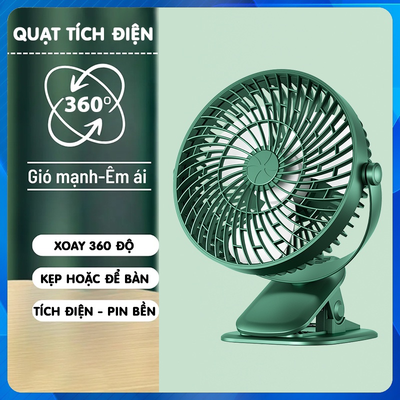 Quạt mini để bàn, quạt tích điện, quạt kẹp bàn tích điện xoay 720 độ, quạt kẹp xoay 3 cấp độ gió