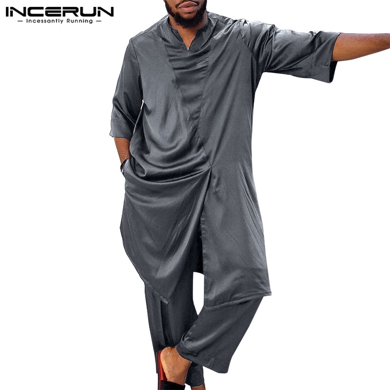 INCERUN Bộ Đồ Hai Mảnh Xẻ Tà Trước Màu Trơn Đơn Giản Cho Nam