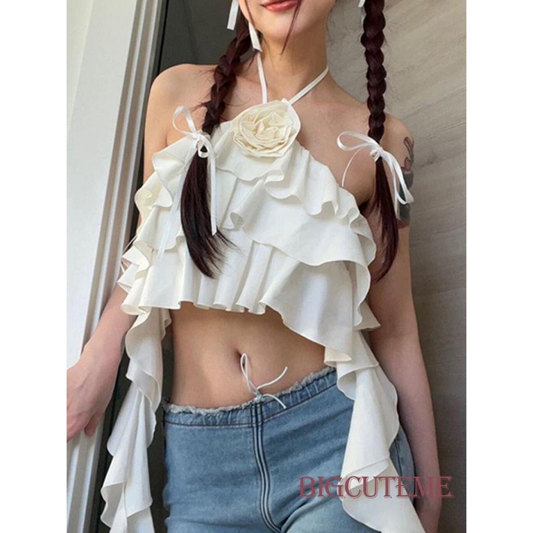 [] - Áo Crop Top Không Tay Hở Lưng 3D Màu Hồng / Trắng