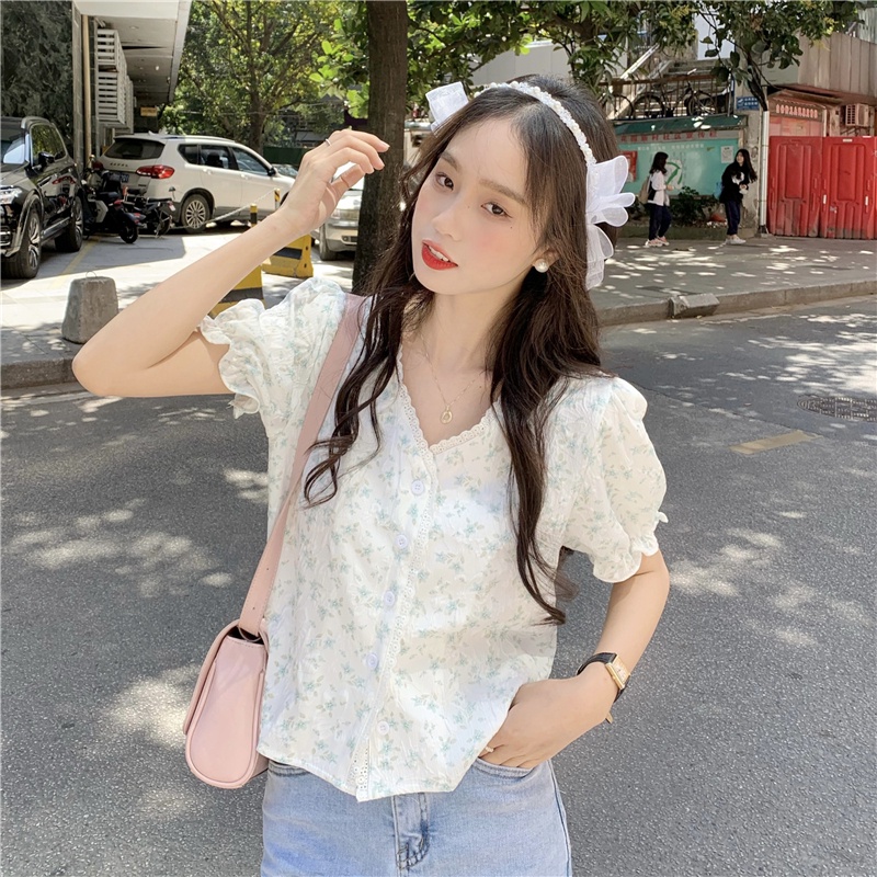 IELGY  Áo Sơ Mi Cổ Chữ v Họa Tiết Hoa Phong Cách Pháp Thời Trang Cho Nữ