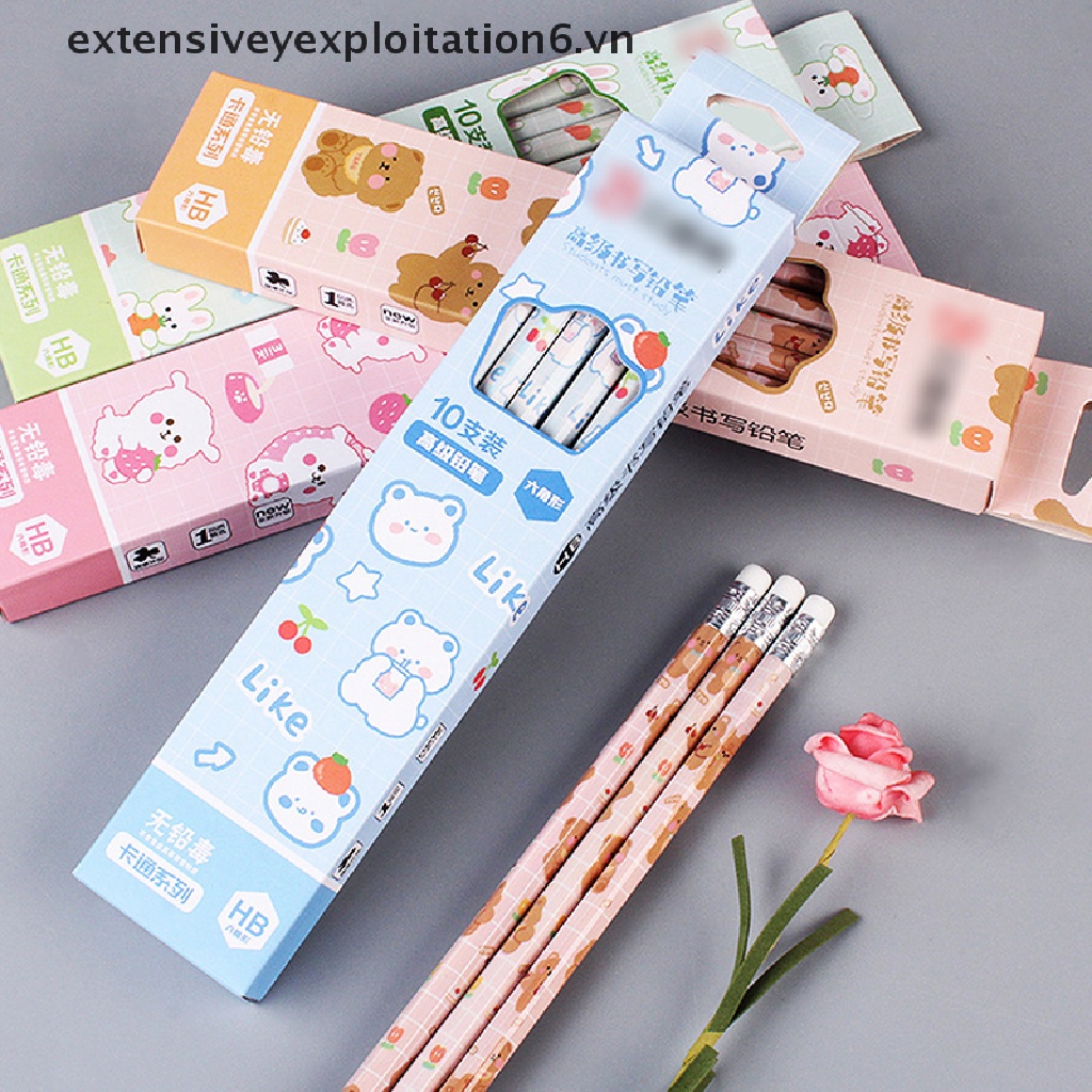 Set 10 Bút Chì Vẽ HB Kiểu Dáng Hoạt Hình Dễ Thương Dùng Làm Quà Tặng Cho Học Sinh