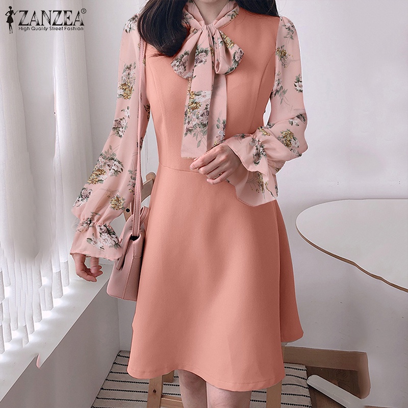 Zanzea Đầm Nữ Dài Tay Cổ Tròn Thắt Nơ Eo Thời Trang Hàn