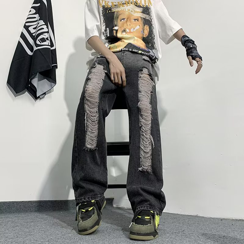 Quần jean nam ống suông Phối Rách Kiểu quần bò nam  Hip-hop Cá Tính quần jean nam rách gối phong cách Hàn Quốc