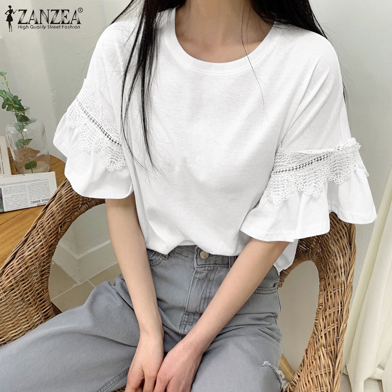 Áo kiểu ZANZEA tay lửng phối ren phong cách Hàn Quốc dành cho nữ