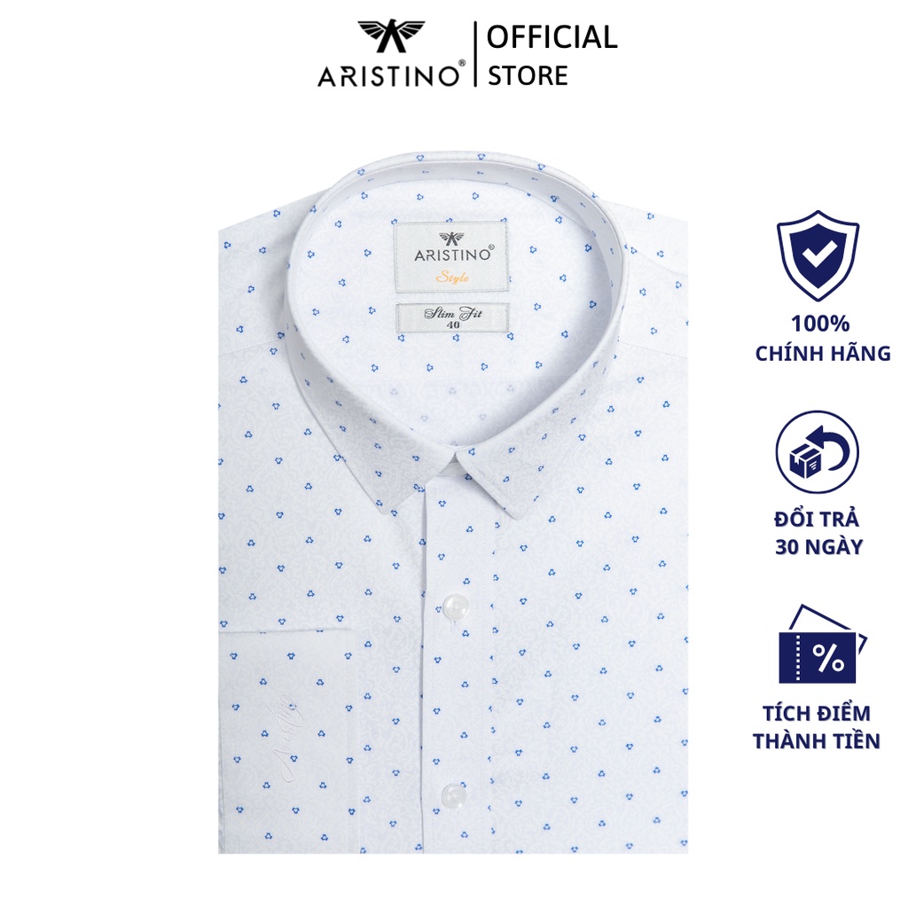 Áo sơ mi dài tay ARISTINO phom Slim fit ôm nhẹ thiết kế tà lượn, không có túi ngực, màu trắng in họa tiết - ALS01901