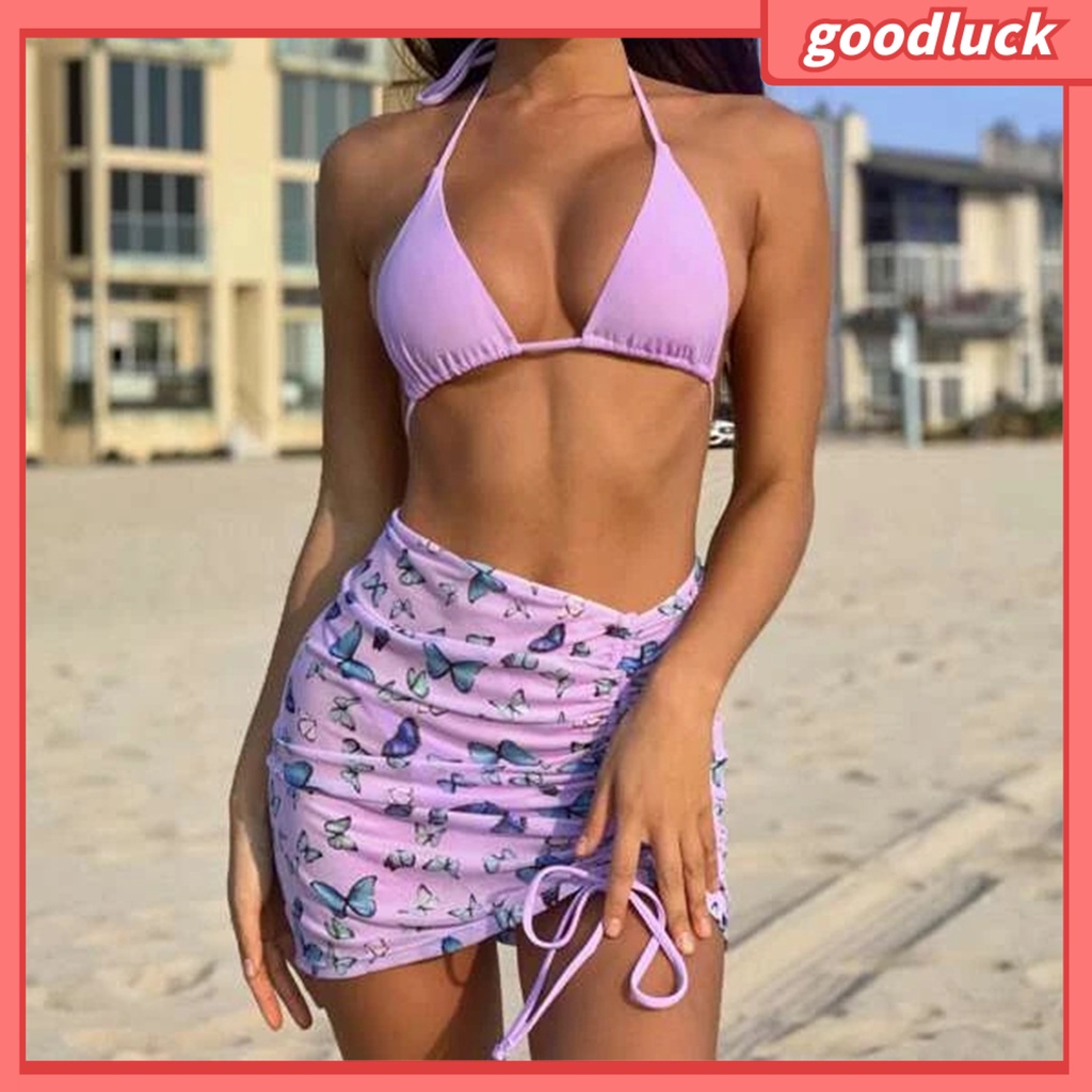 Set 3 Món Đồ Bơi Hai Dây Họa Tiết Bướm Thời Trang Mùa Hè Cho Nữ