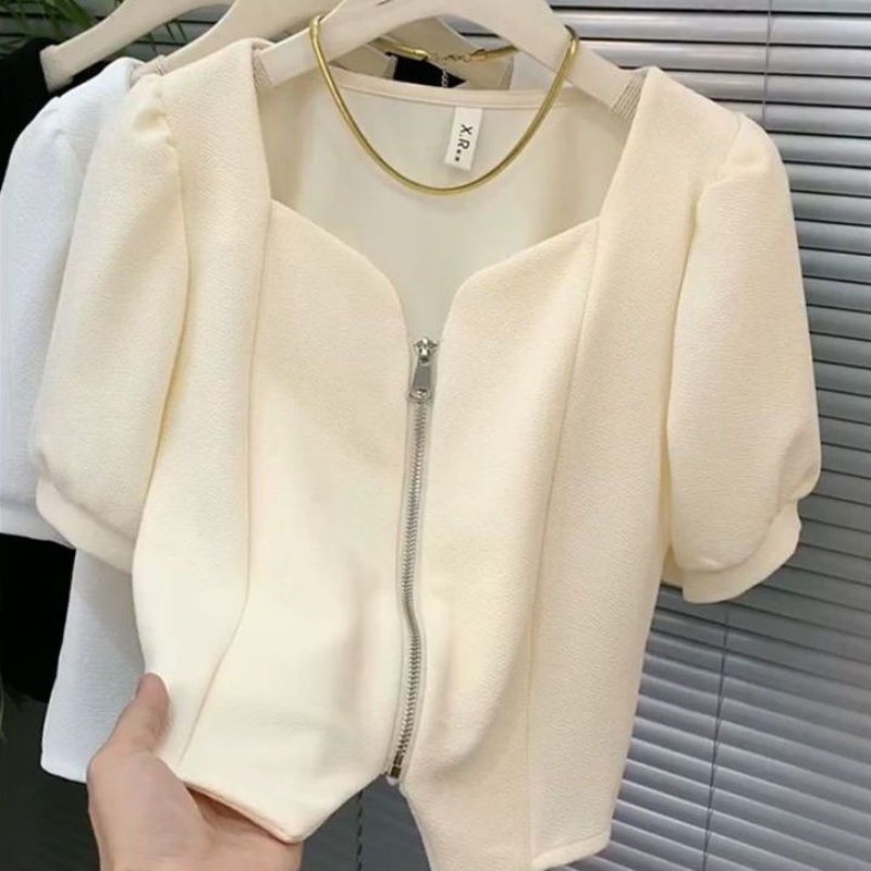 Áo Cardigan Ngắn Tay Phối Khóa Kéo Phong Cách Pháp Cho Nữ