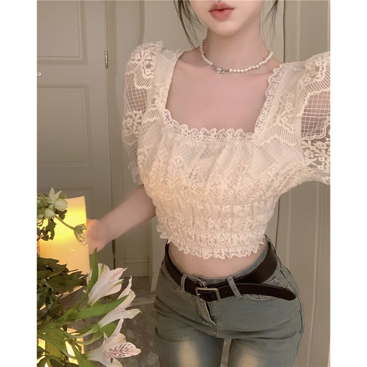 Áo Thun Tay Ngắn Cổ Vuông Phối Ren Dáng Ôm Thời Trang Cho Nữ