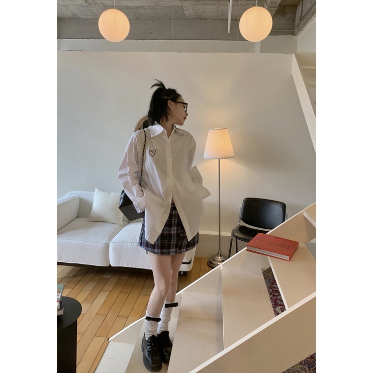 Áo Sơ Mi Chống Nắng Dáng Rộng Thêu Họa Tiết Trái Tim Phong Cách Hàn Quốc Cho Nữ