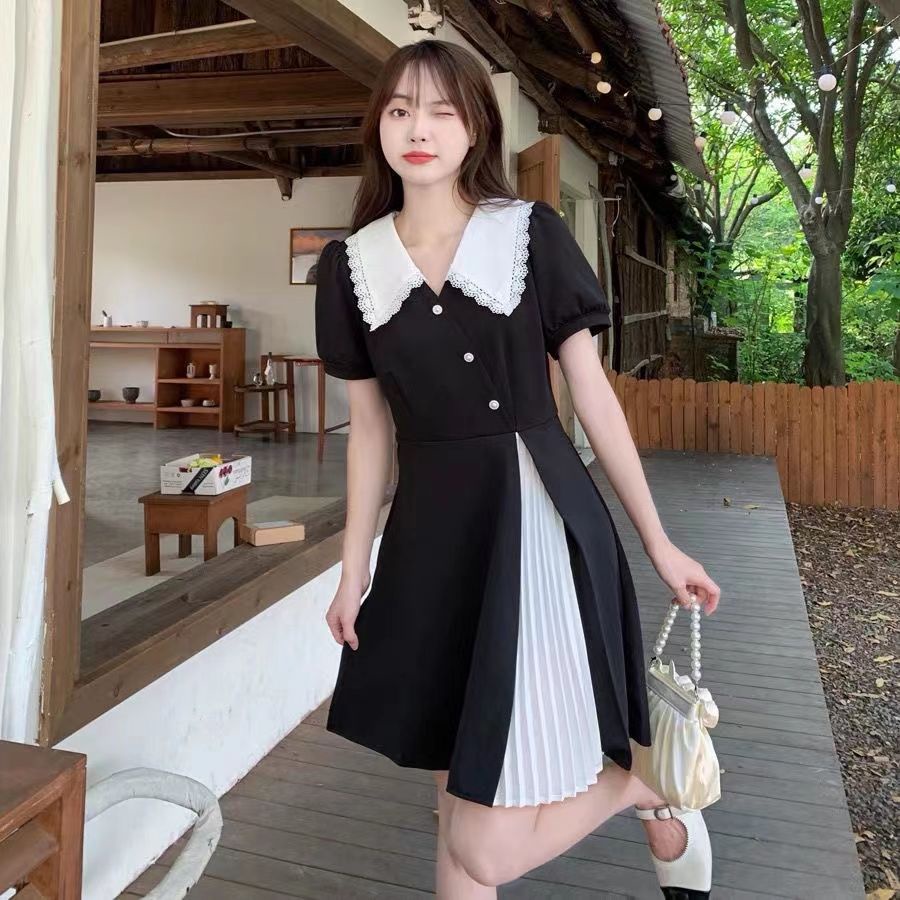 Đầm Midi Màu Đen Cổ Bẻ Dáng Chữ A Phong Cách Pháp Thời Trang Mùa Hè 2023 Cho Nữ