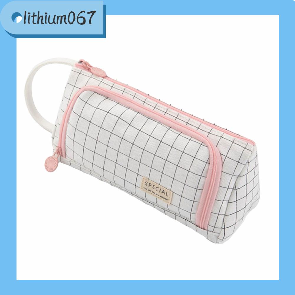 Lithium067 Hộp đựng bút lớn dành cho học sinh Lưới đen trắng tinh tế Retro Đa chức năng Canvas Bút chì