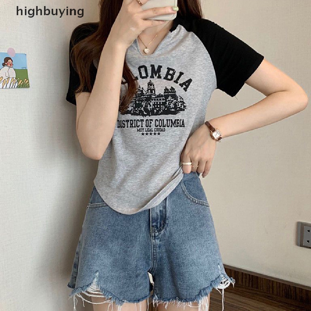 Áo Thun Lửng Ngắn Tay Cổ Chữ V In Họa Tiết Retro Cho Nữ