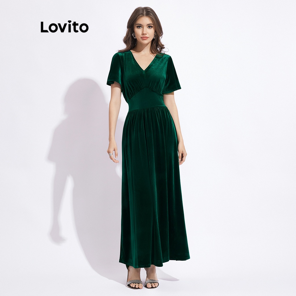 Đầm nhung Lovito xếp nếp cổ chữ V màu trơn phong cách thanh lịch cho nữ L41LD030 (xanh lá)