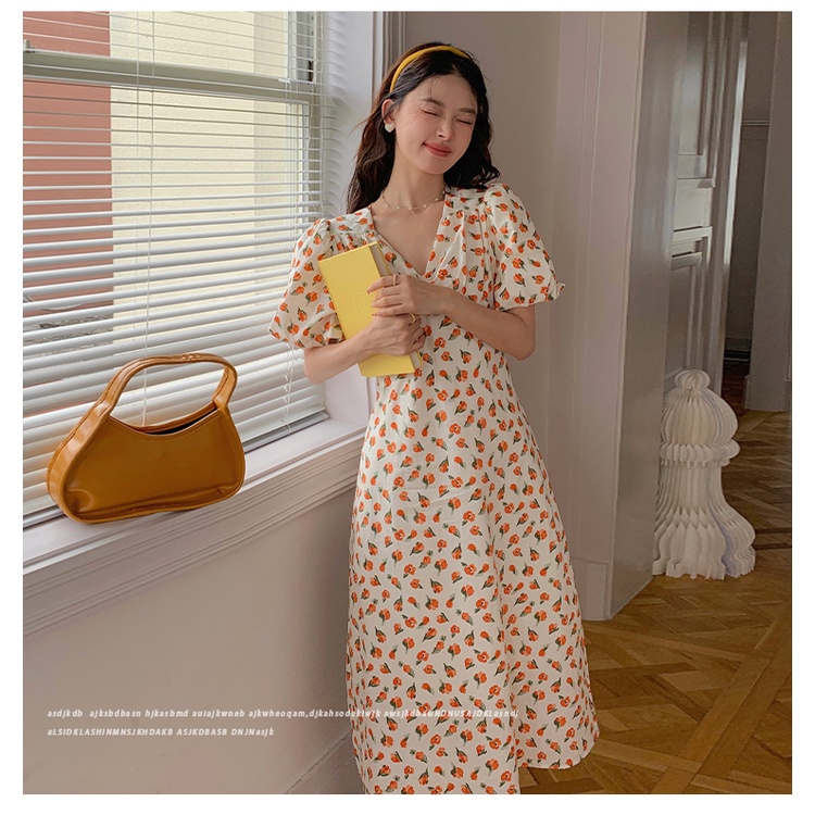 SUXI Đầm Tay Phồng Ngắn Cổ Chữ V Form Ôm Họa Tiết Hoa Thời Trang Mùa Hè