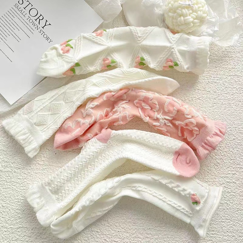 Bộ 5 Đôi Tất Cotton Phối Ren Xinh Xắn Theo Phong Cách Lolita Dành Cho Nữ