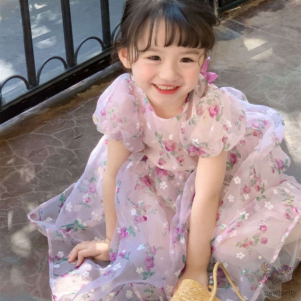 Đầm Công Chúa Tay Ngắn Phồng Phối Lưới Kiểu Hàn Quốc Dễ Thương Thời Trang Mùa Hè Cho Bé Gái