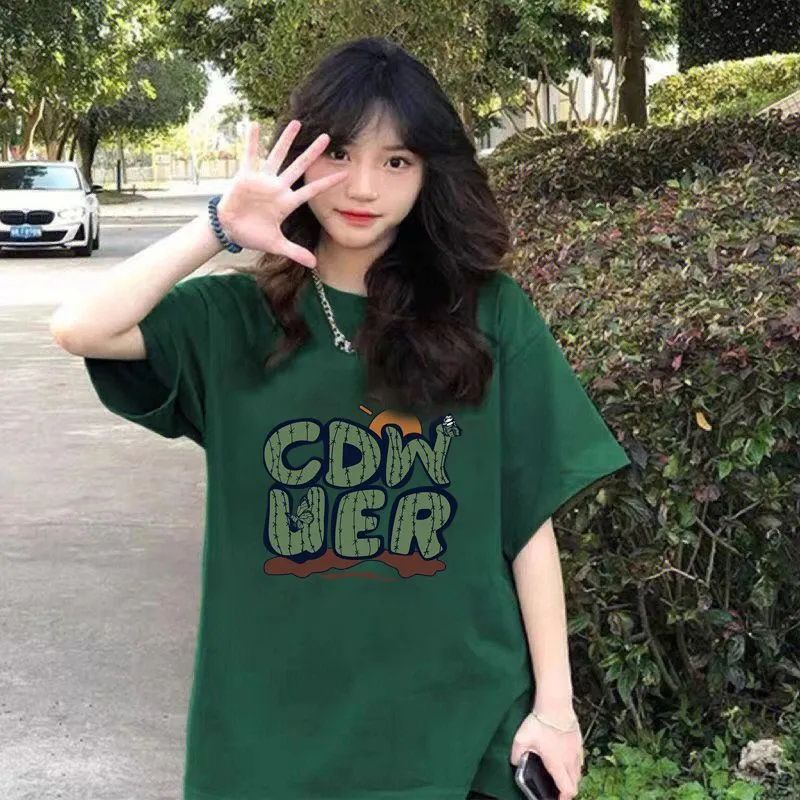 Áo Thun Tay Ngắn Dáng Rộng Màu Xanh Lá Đậm Phong Cách Mỹ Thời Trang Mùa Hè Cho Nữ