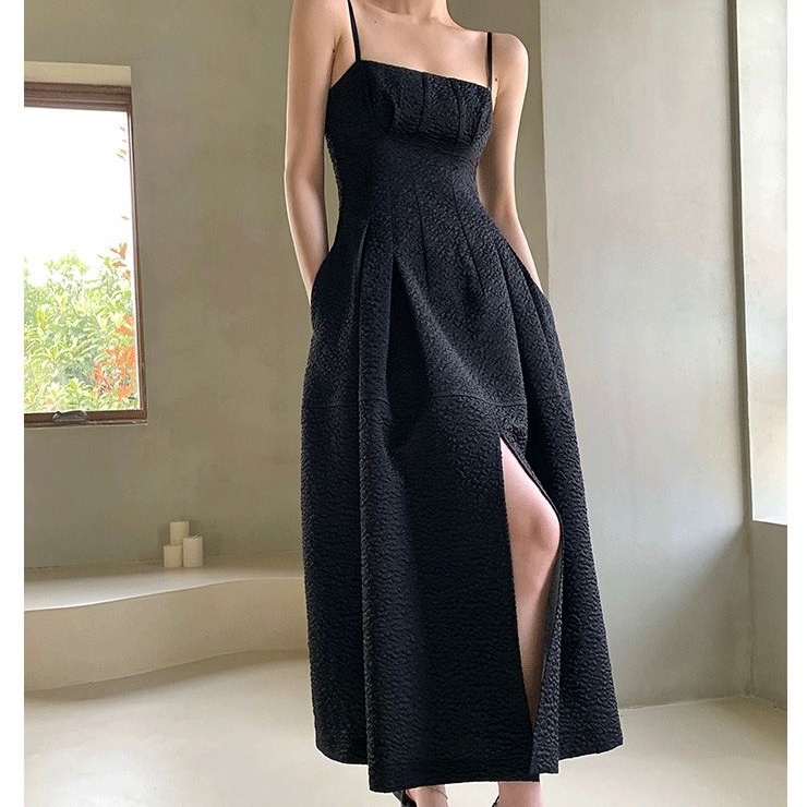 Đầm Hai Dây Màu Đen Phong Cách Pháp Thời Trang Mùa Hè Cho Nữ