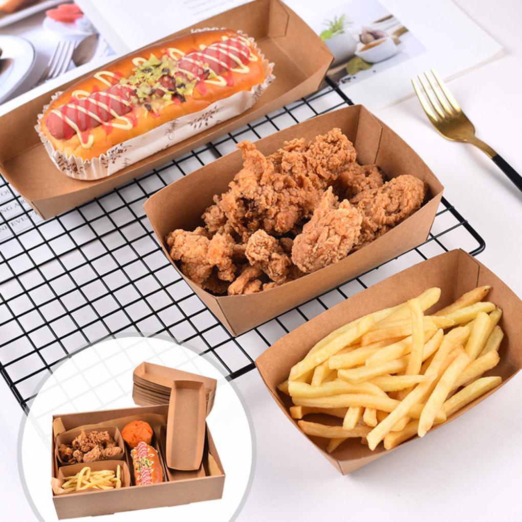 Bộ 100 Hộp Giấy Kraft Đựng Thức Ăn Hình Thuyền Mở Hộp Chống Nước Dùng Một Lần