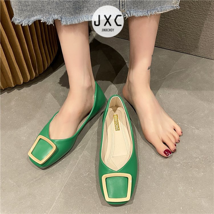 JINxCHOY Giày da mềm gót thấp mũi vuông màu trơn đơn giản thoải mái thời thượng