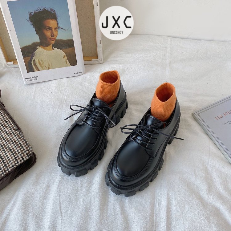 JINxCHOY Giày nữ oxford anh quốc đế cao to dày răng cưa da bóng/trơn mũi vuông giúp tăng chiều cao thời trang Hàn Quốc JINXCHOY