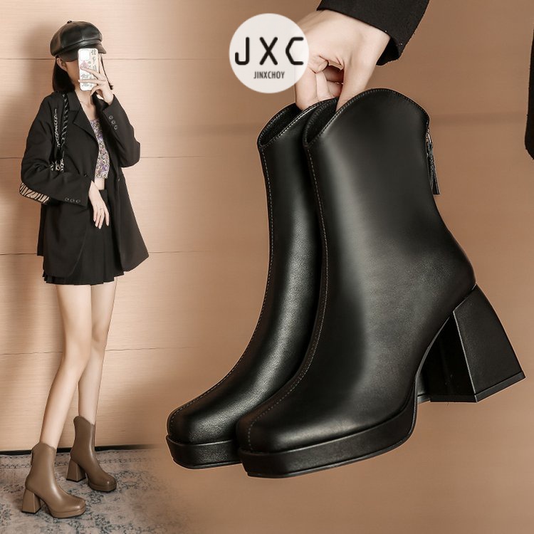 JINxCHOY Giày Bốt Cao JINXCHOY Gót Cổ Ngắn Có Khóa Kéo Sau Lưng Phong Cách Ulzzang Mới